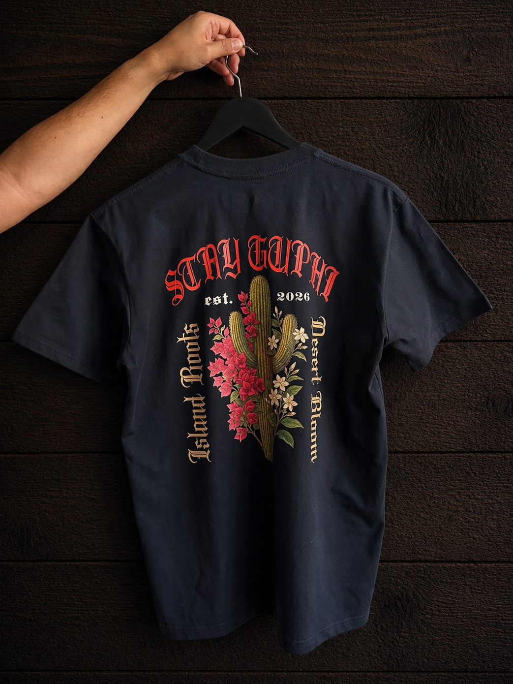 Product shot of the back print of the Cactus Bloom Classic Tee in Navy.
