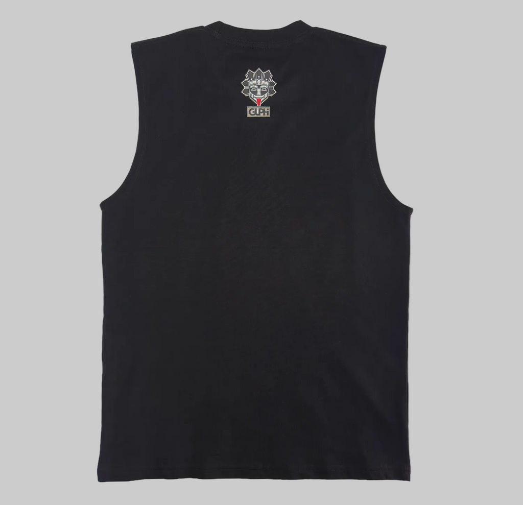 Back of the Cactus Bloom Classic Tank in Black with a medium size logo on the center neckline.
