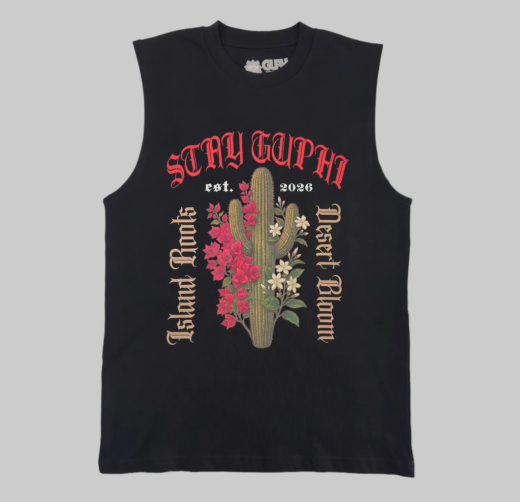 Front of the Cactus Bloom Classic Tank in Black. Sleeveless shirt with cactus and island floral design with old style text around it. Island Roots, Desert Bloom, Stay GUPHI.