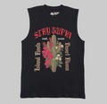 Front of the Cactus Bloom Classic Tank in Black. Sleeveless shirt with cactus and island floral design with old style text around it. Island Roots, Desert Bloom, Stay GUPHI.