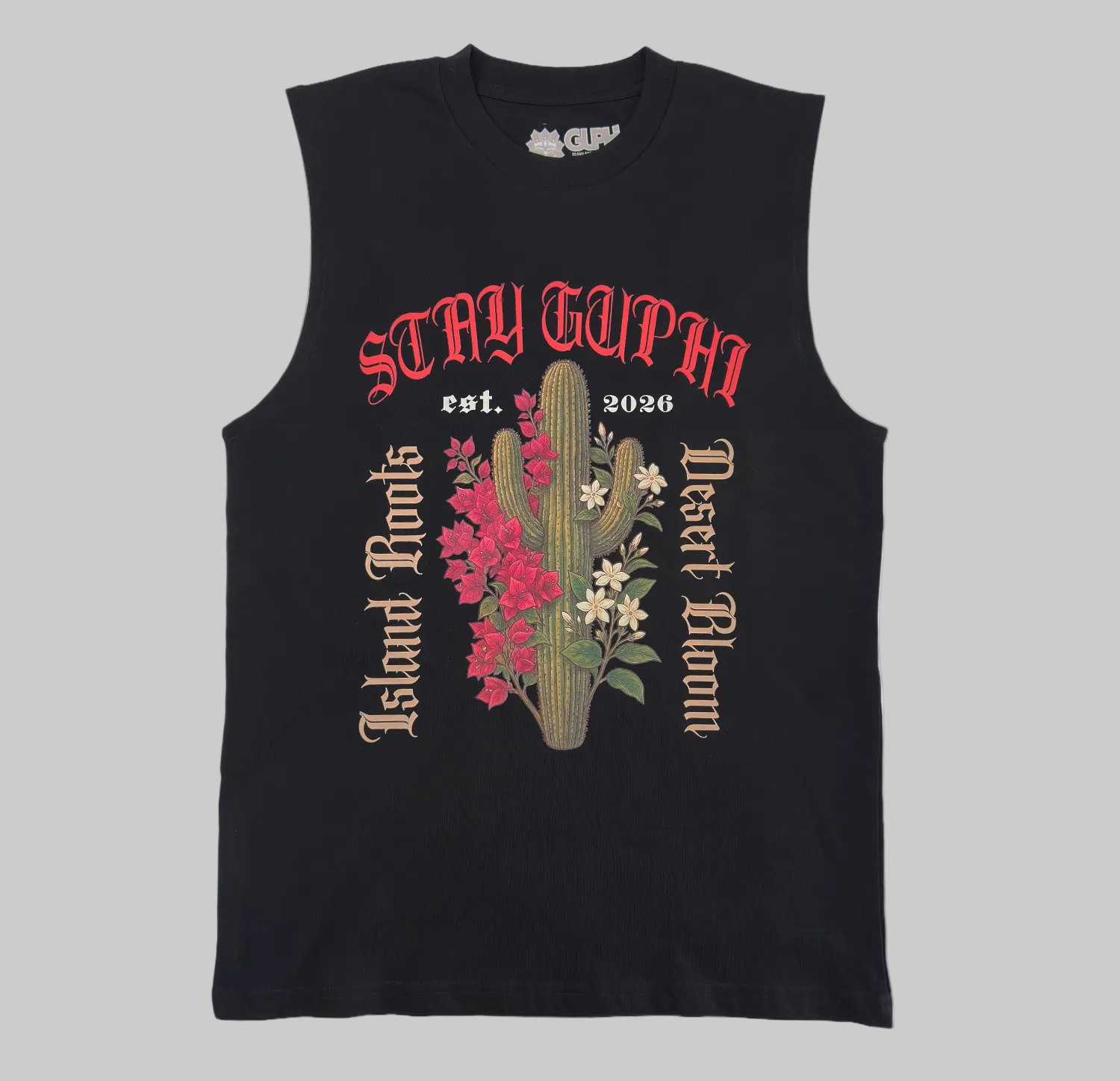 Front of the Cactus Bloom Classic Tank in Black. Sleeveless shirt with cactus and island floral design with old style text around it. Island Roots, Desert Bloom, Stay GUPHI.