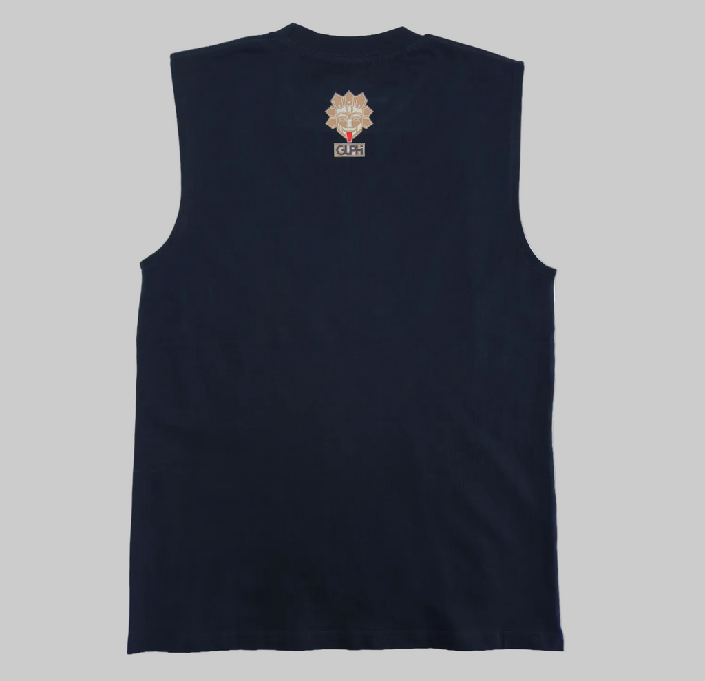 Back of the Cactus Bloom Classic Tank in Navy with a medium size logo on the center neckline.