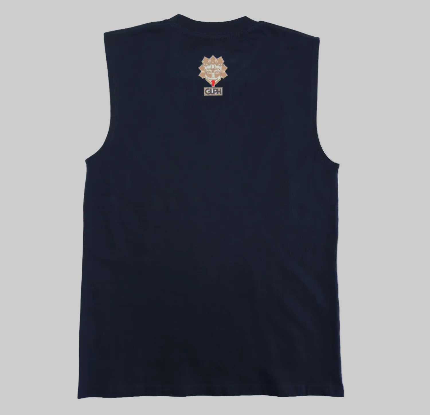 Back of the Cactus Bloom Classic Tank in Navy with a medium size logo on the center neckline.