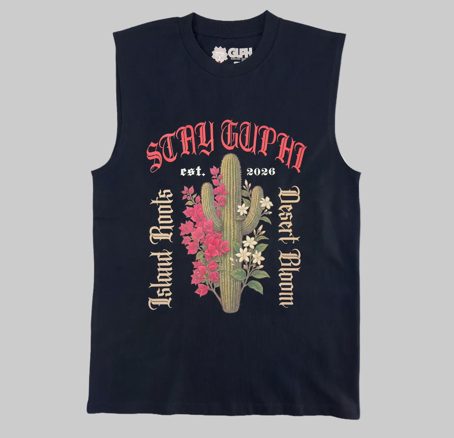 Front of the Cactus Bloom Classic Tank in Navy. Sleeveless shirt with cactus and island floral design with old style text around it. Island Roots, Desert Bloom, Stay GUPHI.