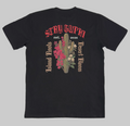 The back of the Cactus Bloom Classic Tee in Black, showing the cactus and island floral design with old style text around it. Island Roots, Desert Bloom, Stay GUPHI.