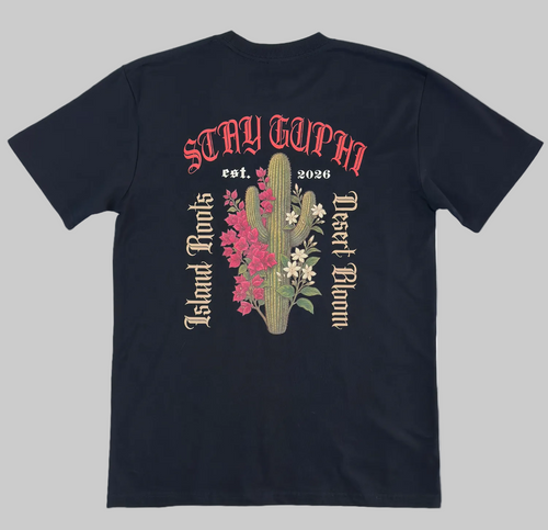 The back of the Cactus Bloom Classic Tee in Navy, showing the cactus and island floral design with old style text around it. Island Roots, Desert Bloom, Stay GUPHI.