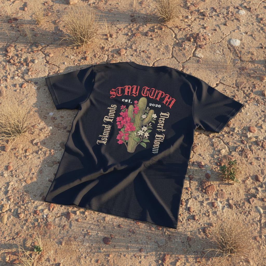 Product shot of the back print of the Cactus Bloom Classic Tee on the desert floor.