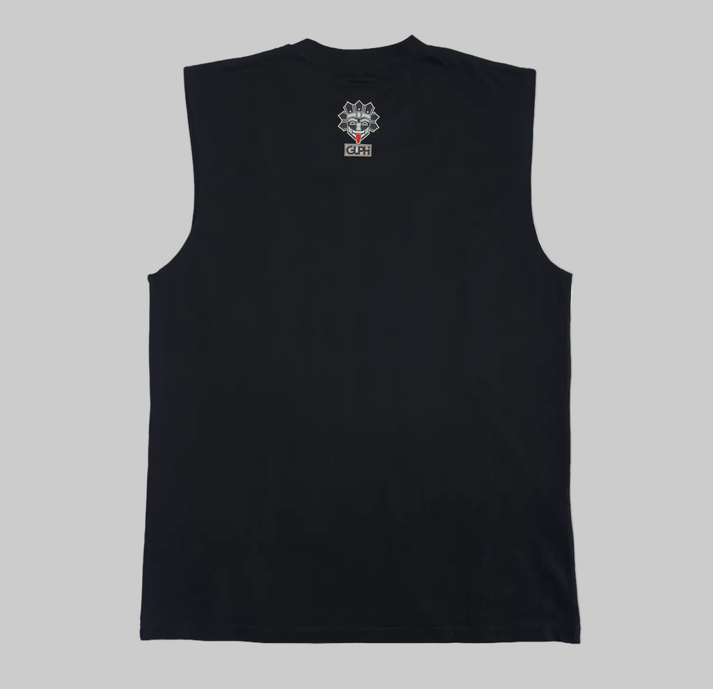 Back of the Island Born Desert Built Classic Tank in Black with a medium size logo on the center of the neckline.
