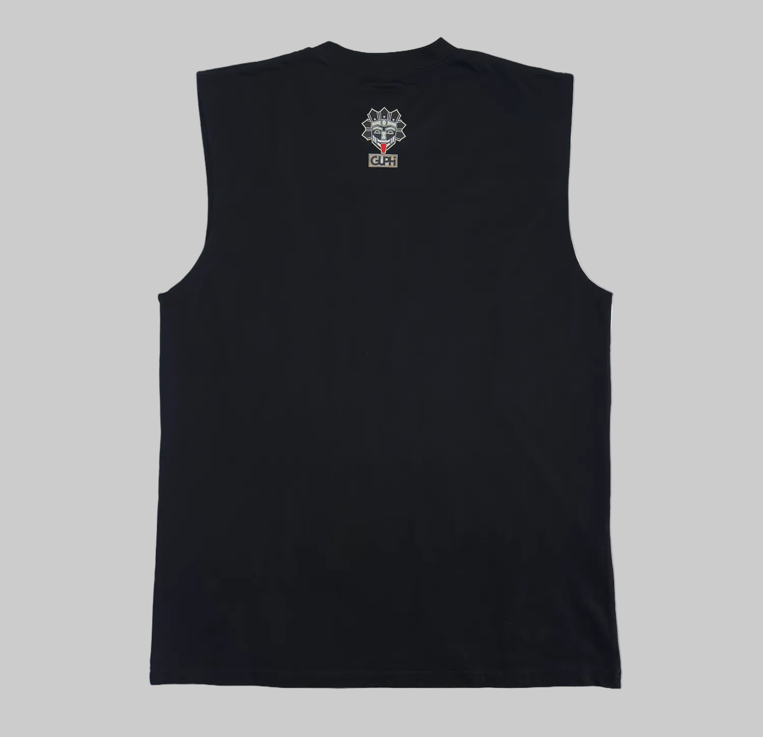 Back of the Island Born Desert Built Classic Tank in Black with a medium size logo on the center of the neckline.