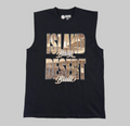 Front of the Island Born Desert Built Classic Tank in Black. Sleeveless shirt with a beach scene in the word "Island" and the desert landscape of Las Vegas in the word "Desert".