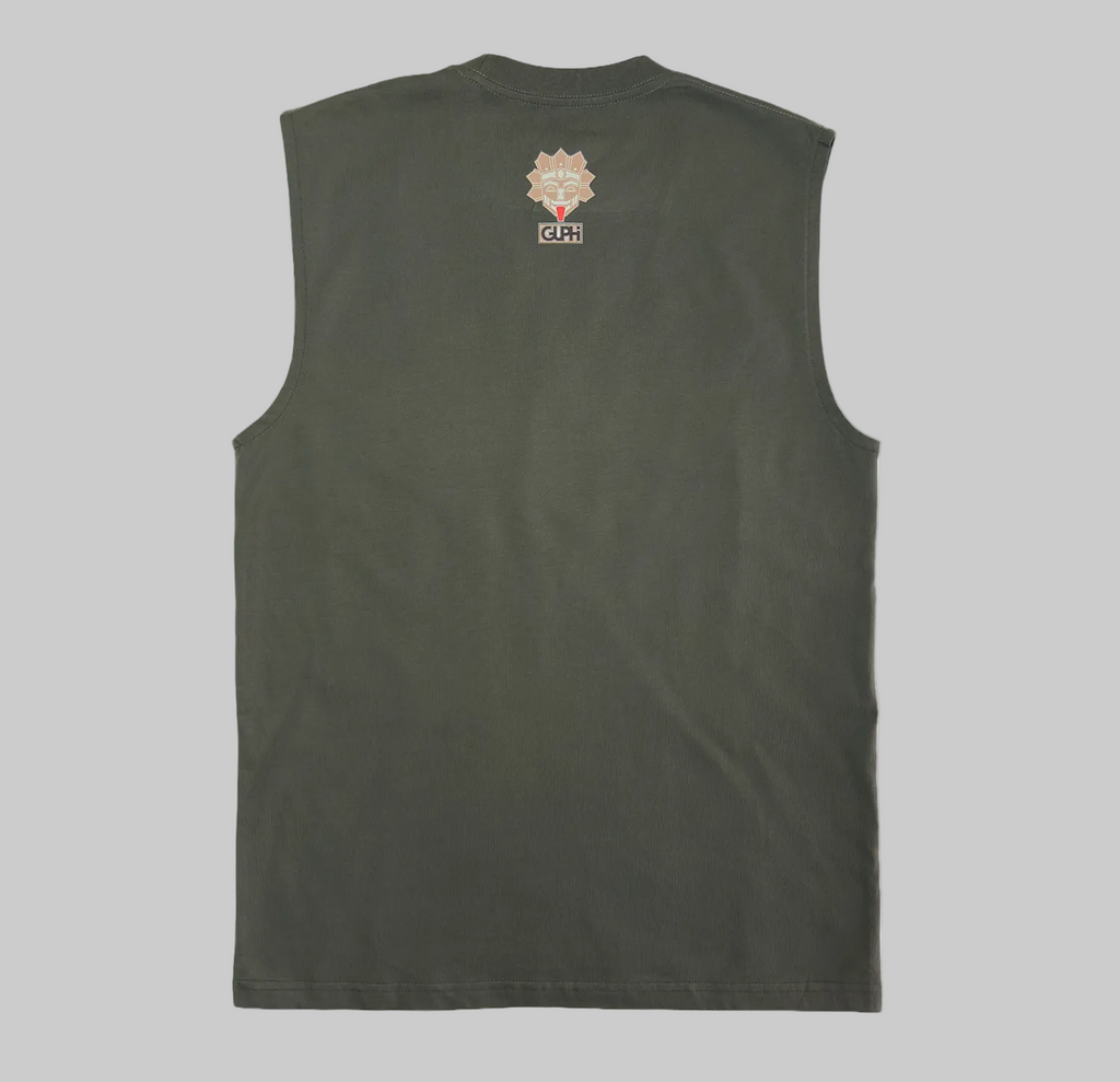 Back of the Island Born Desert Built Classic Tank in Cypress with a medium size logo on the center of the neckline.