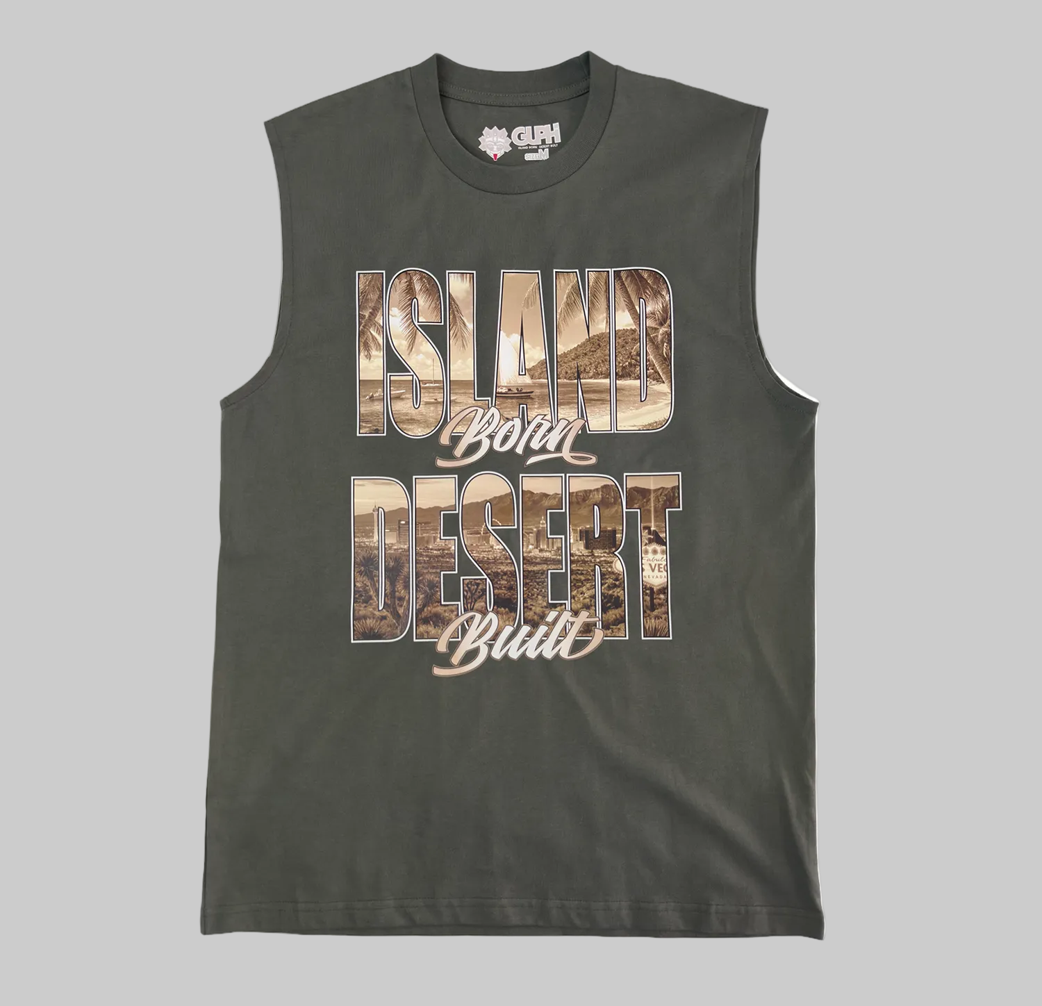Front of the Island Born Desert Built Classic Tank in Cypress. Sleeveless shirt with a beach scene in the word "Island" and the desert landscape of Las Vegas in the word "Desert".