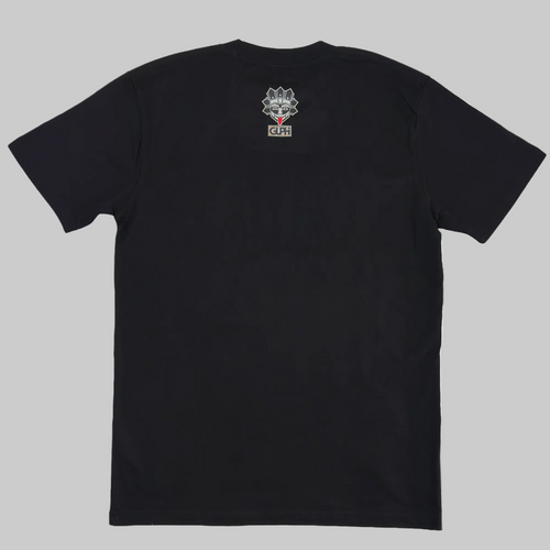 The back of the Island Born Desert Built Classic Tee in Black featuring the GUPHI logo on the center neckline.