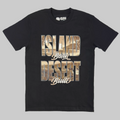 The front print of the Island Born Desert Built Classic Tee in Black. Features a beach scene within the word "Island" and the desert landscape and Las Vegas strip within the word "Desert"