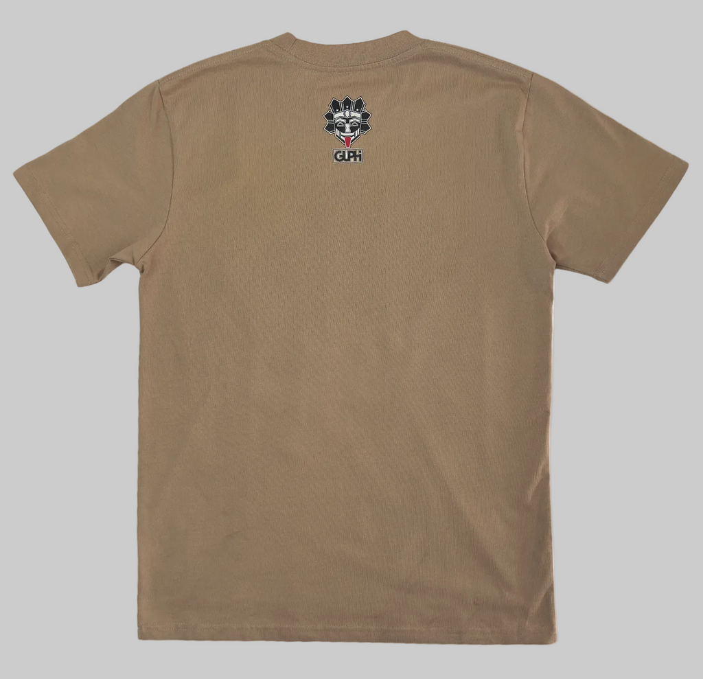 The back of the Island Born Desert Built Classic Tee in Khaki featuring the GUPHI logo on the center neckline.