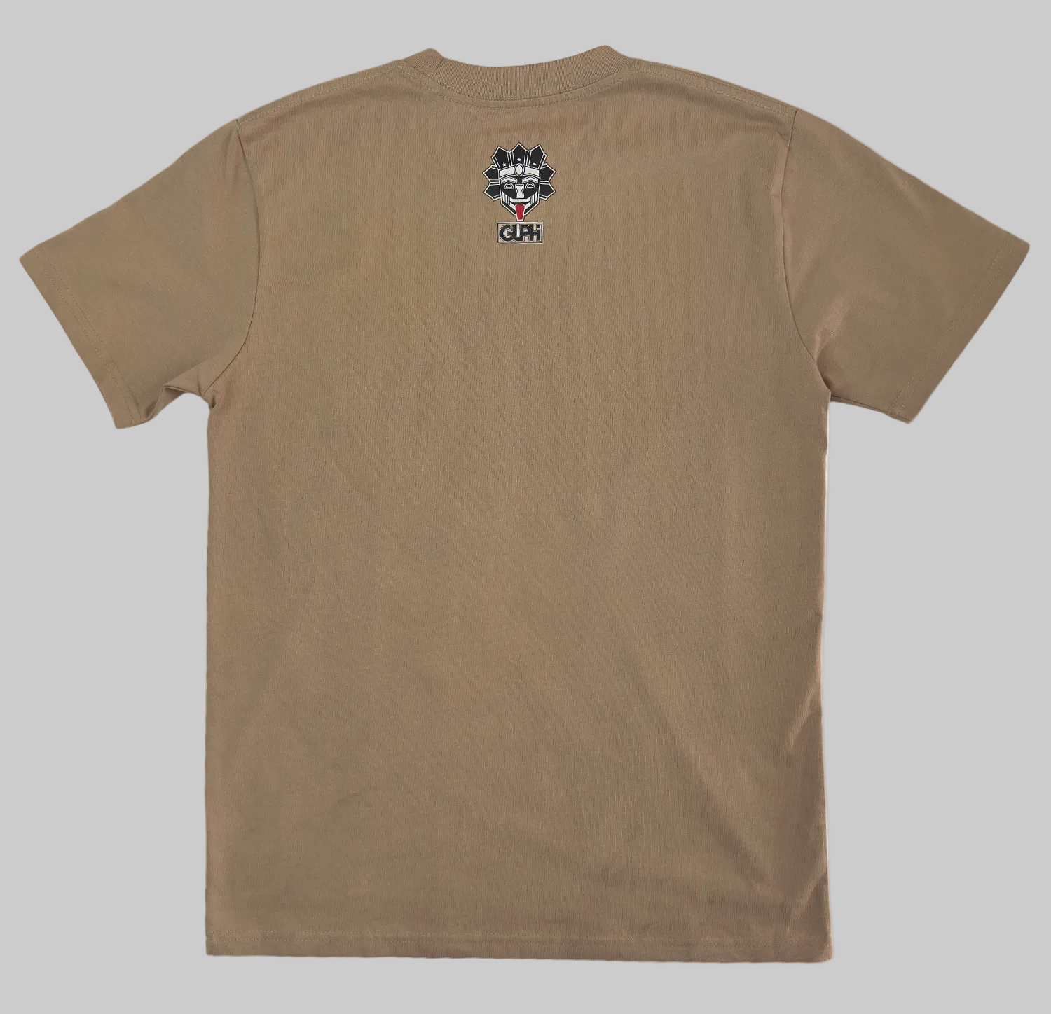 The back of the Island Born Desert Built Classic Tee in Khaki featuring the GUPHI logo on the center neckline.