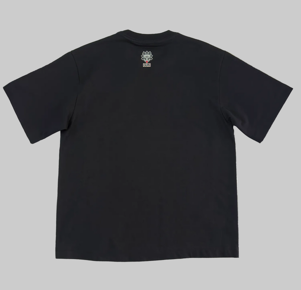 Back of the Motto Box Tee in Black with a small GUPHI logo on the center of the neckline