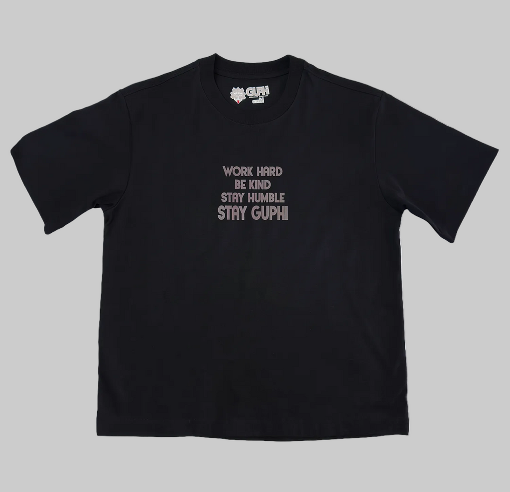 Front of the Motto Box Tee in Black with semi-tonal text