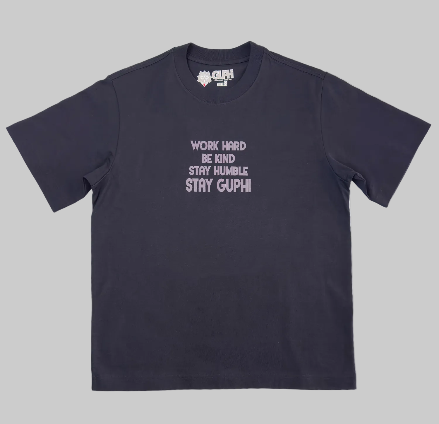 Front of the Motto Box Tee in Ink Blue with semi-tonal text