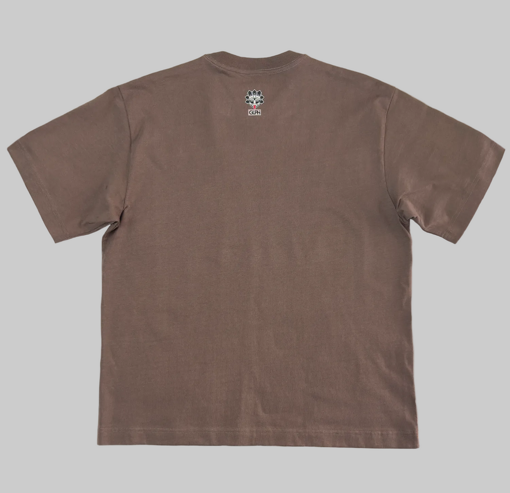 Back of the Motto Box Tee in Walnut with a small GUPHI logo on the center of the neckline