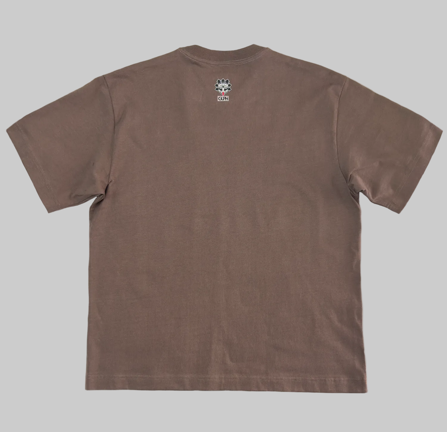 Back of the Motto Box Tee in Walnut with a small GUPHI logo on the center of the neckline