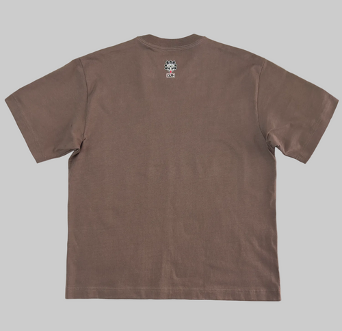 Back of the Motto Box Tee in Walnut with a small GUPHI logo on the center of the neckline