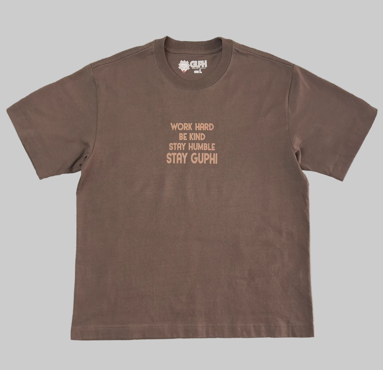 Front of the Motto Box Tee in Walnut with semi-tonal text