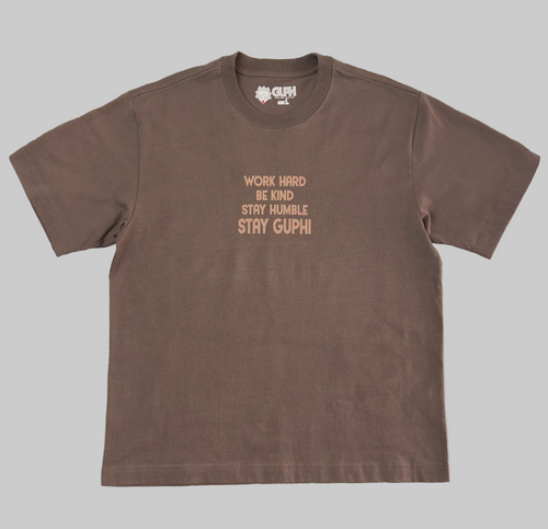 Front of the Motto Box Tee in Walnut with semi-tonal text